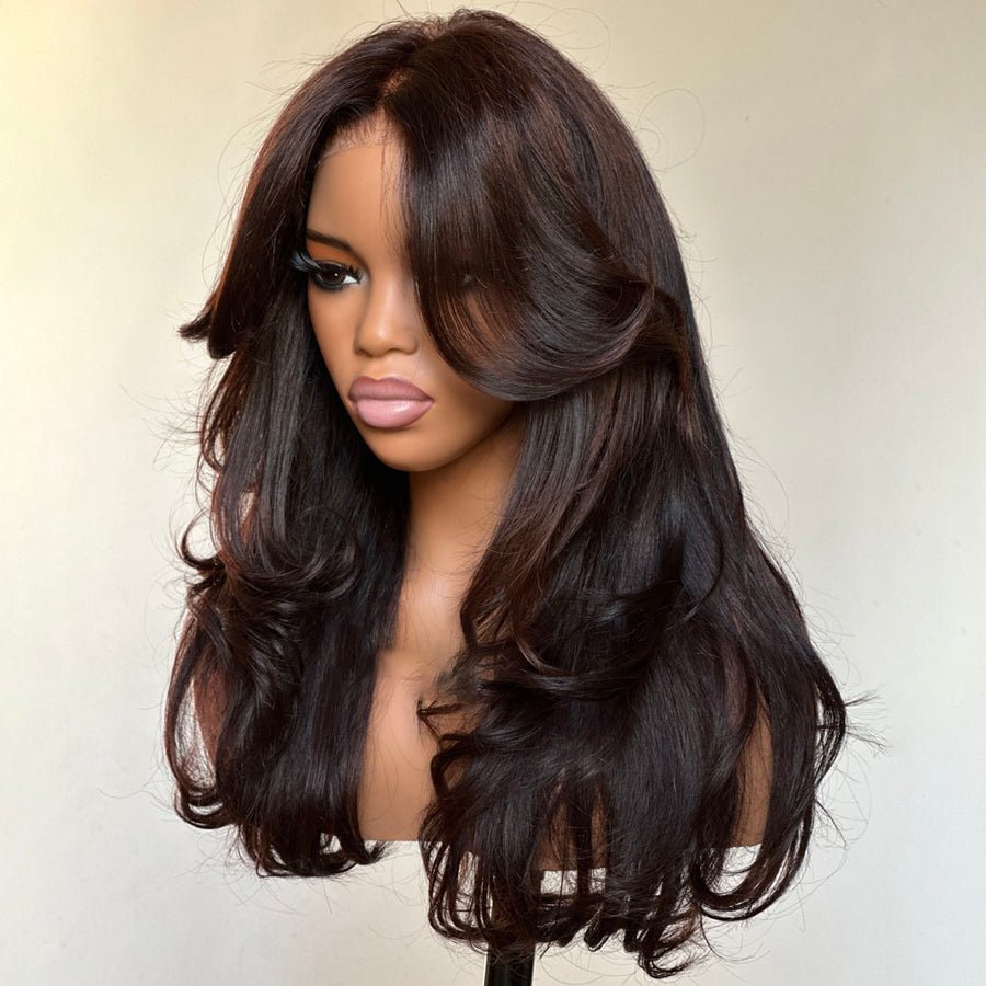 Shoulder Length Layered Wavy Wigs With Curtain Bangs