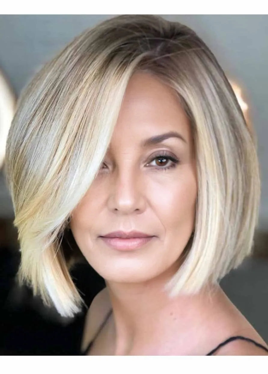 Women's Asymmetrical Bob Style Crisp Straight Synthetic Hair Capless Wigs With Wispy Bangs 12Inch