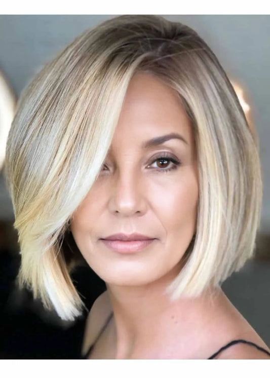 Women's Asymmetrical Bob Style Crisp Straight Synthetic Hair Capless Wigs With Wispy Bangs 12Inch