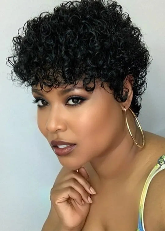 Short Pixie Cut Curly Hairstyle Human Hair Capless Wigs For African American Women 6Inch