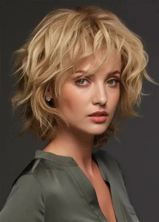 Women's Short Length Natural Wavy Layered Luxurious Remy Human Hair Natural Looking Lace Front Wigs 10Inch
