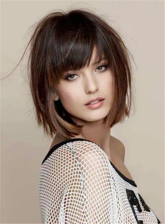 Short Straight Bob With Bangs Human Hair Capless Wig 8 Inches