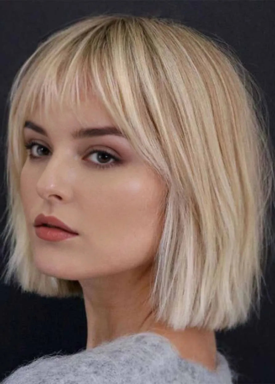 Women's Short Bob Hairstyles Straight Blonde Bob Synthetic Hair Capless Wigs With Bangs 12Inch