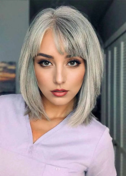 Salt and Pepper Short Bob Style Women's Synthetic Hair Capless Wigs Wig Bangs 12Inch