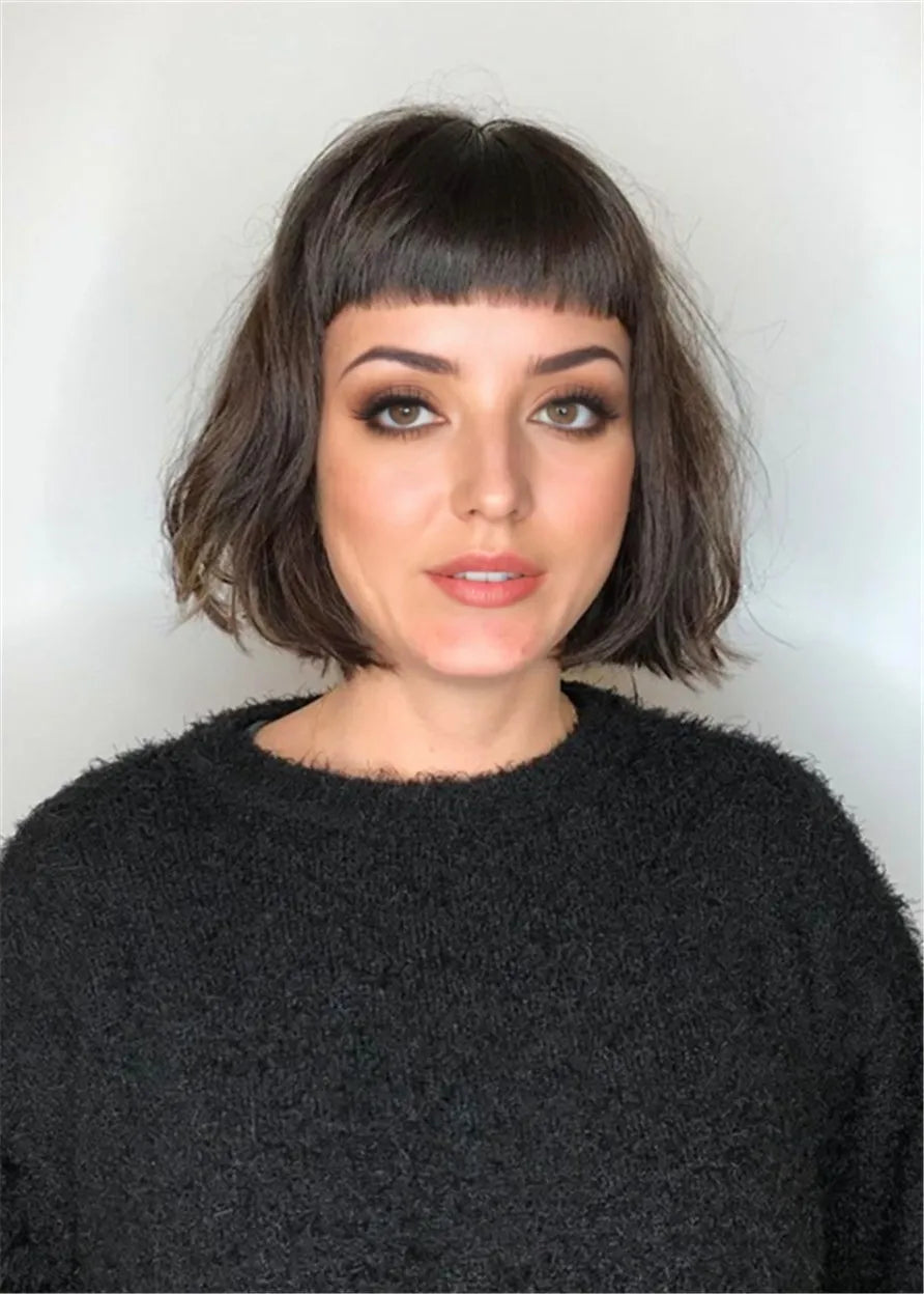 Short Bob Human Hair With Neat Bangs Straight Women Wig 14 Inches