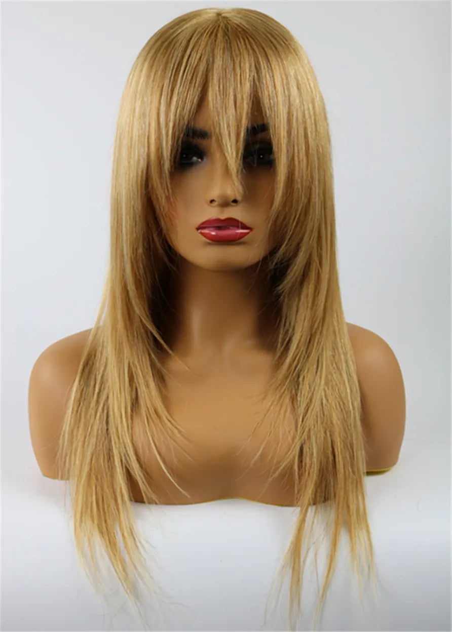 Rihanna Natural Straight Dark Root Full Bang Human Hair Capless Wigs 18 Inches