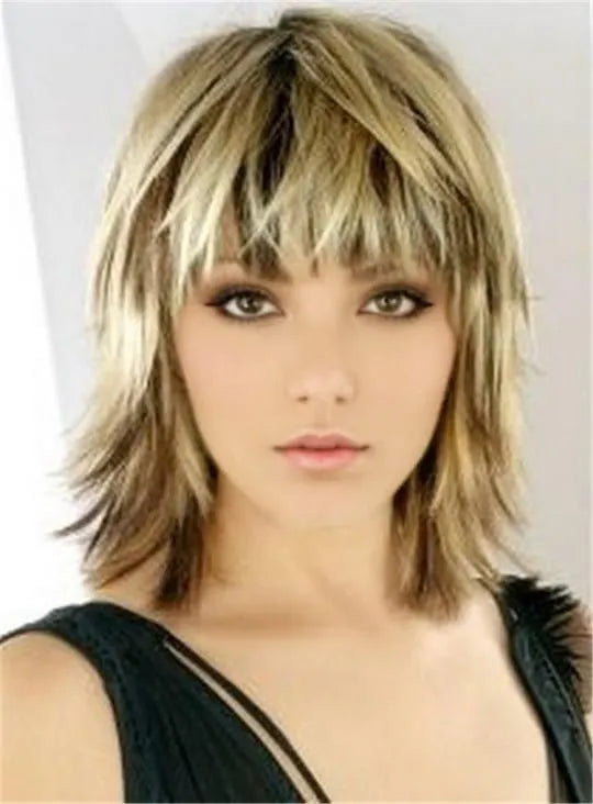Bangs Layered Blonde Haircut Straight Synthetic Hair Capless Wig 12 Inches