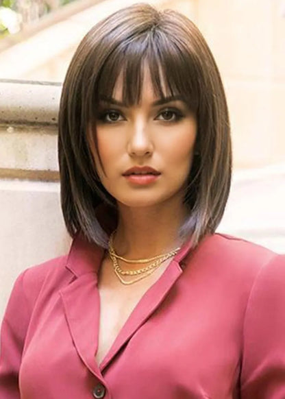 Medium Bob Hairstyles Women's Straight Human Hair Wigs Capless Wigs With Bangs 14Inch