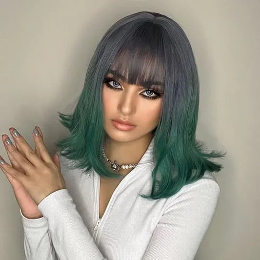 Medium Ombre Bob Hairstyle Two Tone Color Synthetic Wavy Hair Wig 14 Inches