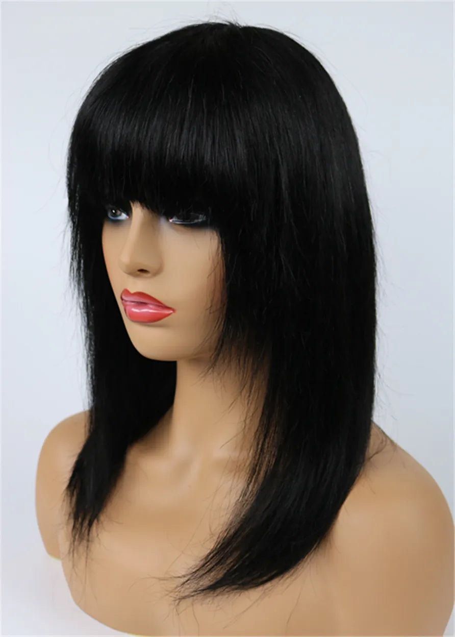Unique Medium Straight with Full Bangs Capless Human Hair Wig 12 Inches