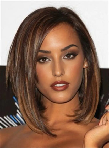 Bob Mixed Color Layered Straight Medium Human Hair Full Lace Cap Wigs 12 Inches
