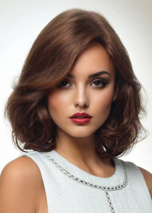 Women's Shoulder Length Natural Looking Heat Resistant Synthetic Hair Wigs Barely Waved Layers Capless Wigs 18Inch