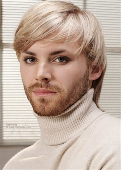 Short Full Lace Blonde With Bangs Human Hair Wigs For Men 10 Inches
