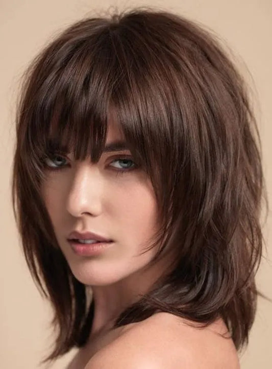 Layered Shag Hairstyle with Full Fringe Middle Length Synthetic Capless Women Wigs