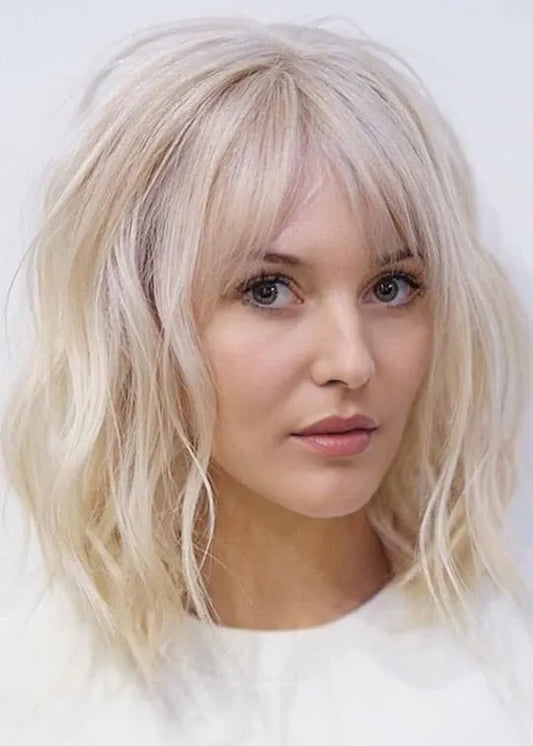 Women's Platinum Blonde Layered Bob Styles Wavy Synthetic Hair Capless Wigs 14Inch