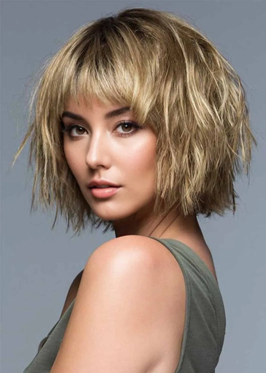 Women's Short Choppy Layered Bob Blunt Ends Hairstyles Wavy Synthetic Hair Capless Wigs With Bangs 10Inch