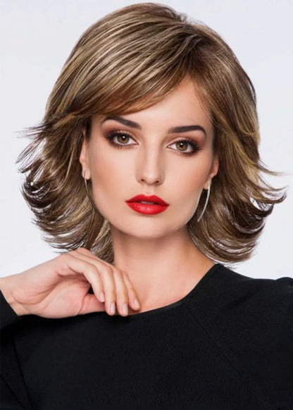 Medium Shaggy Layered Hairstyles Women Wavy Human Hair Wigs Side Part Lace Front Wigs 14Inch