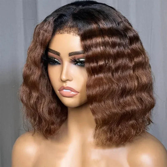Chic Mid-part Lace Kinky Wave Wigs in Ombre Brown