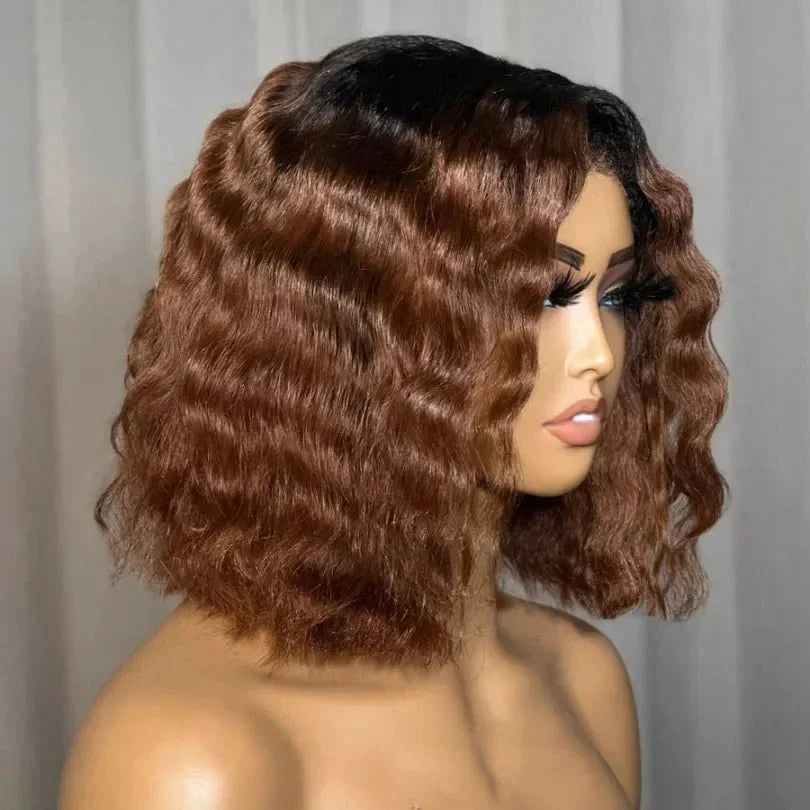 Chic Mid-part Lace Kinky Wave Wigs in Ombre Brown