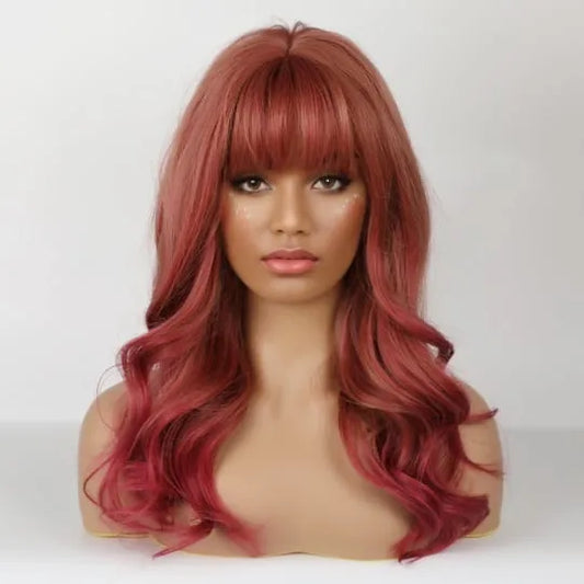 Red-Brown Natural Wavy Synthetic Wigs With Neat Bangs 22 Inches