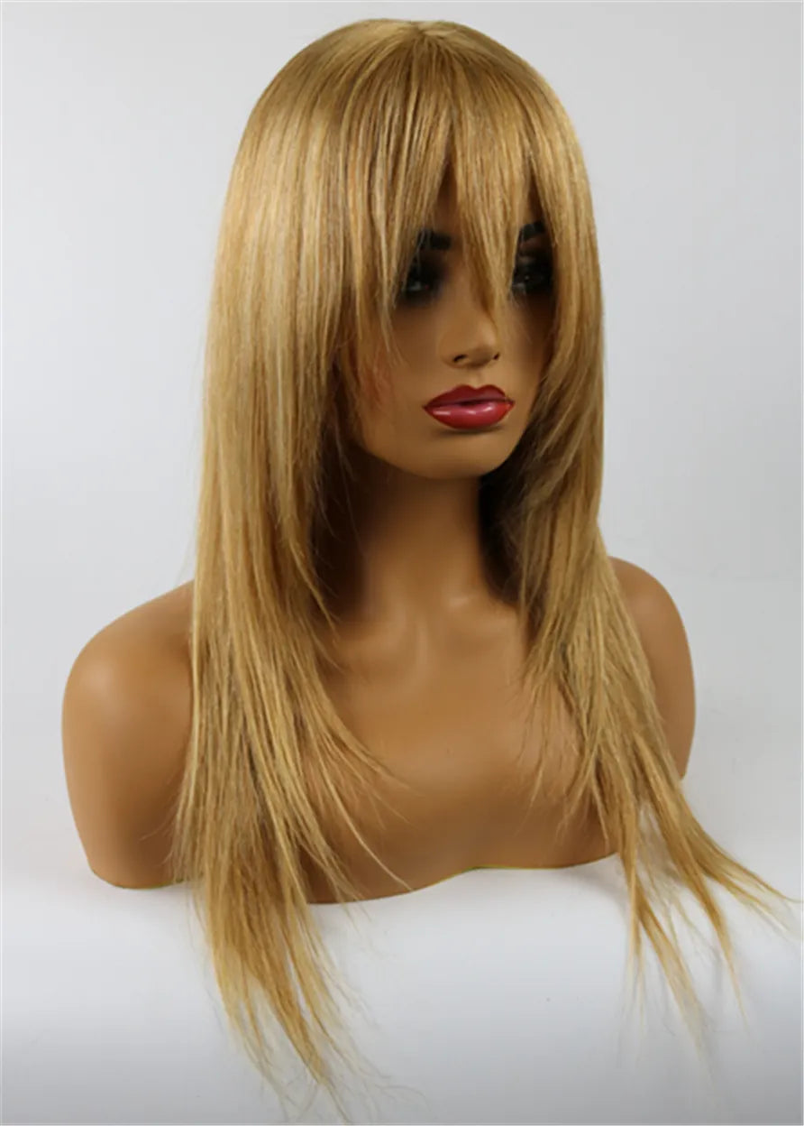 Rihanna Natural Straight Dark Root Full Bang Human Hair Capless Wigs 18 Inches