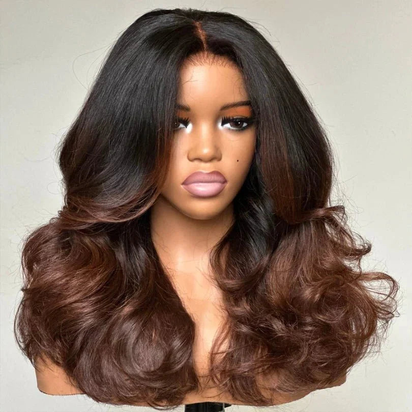 Easily Care I Part Human Hair Ombre Brown Layered Wave Wigs