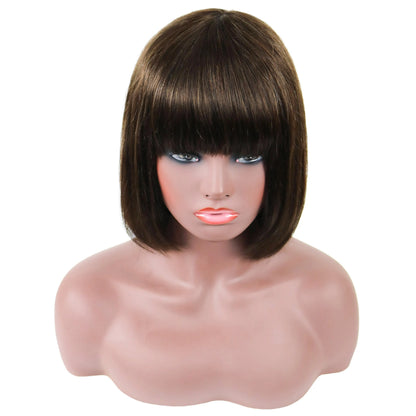 Short Straight Bob Wig 100% Human Hair With Full Bangs 10 Inches