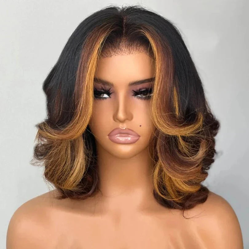 Highlights Layered Cut Bob Wig Mid-part Loose Wave Lace Wig