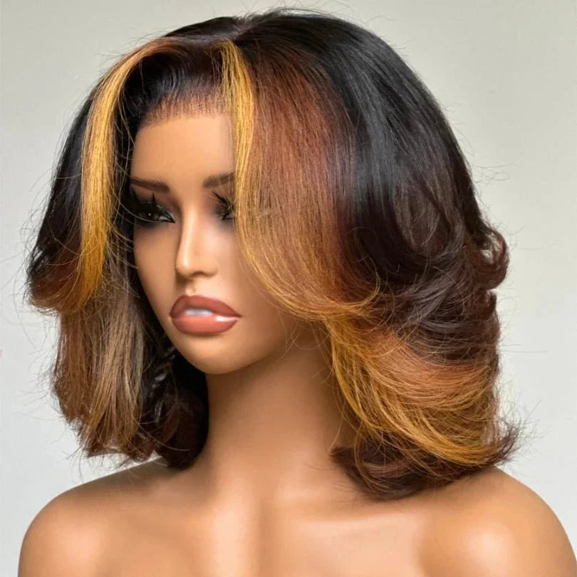 Highlights Layered Cut Bob Wig Mid-part Loose Wave Lace Wig