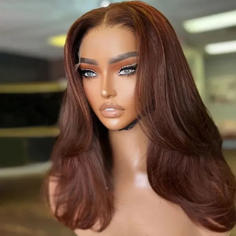 Middle Part Layered Wavy Auburn Brown Lace Front Wigs