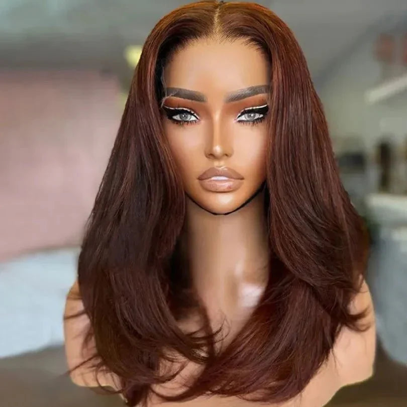 Middle Part Layered Wavy Auburn Brown Lace Front Wigs