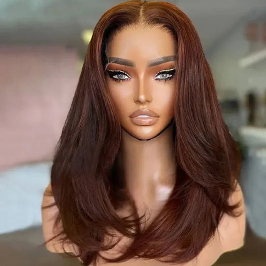 Middle Part Layered Wavy Auburn Brown Lace Front Wigs