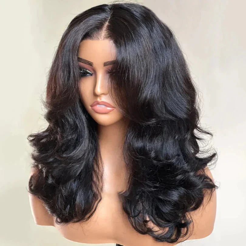 Natural Black Layered Curtain Wave Wigs