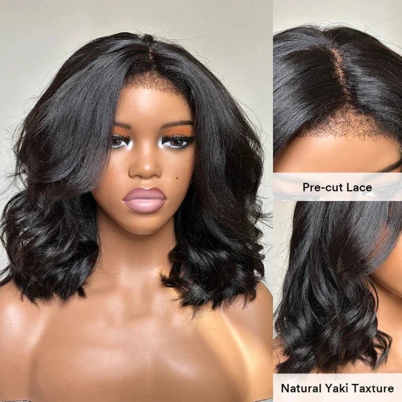 Natural Black Short Layered Wave Bob Wigs