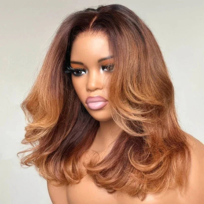 Ombre Brown Layered Cut Wigs Mid-part Lace Front Wig