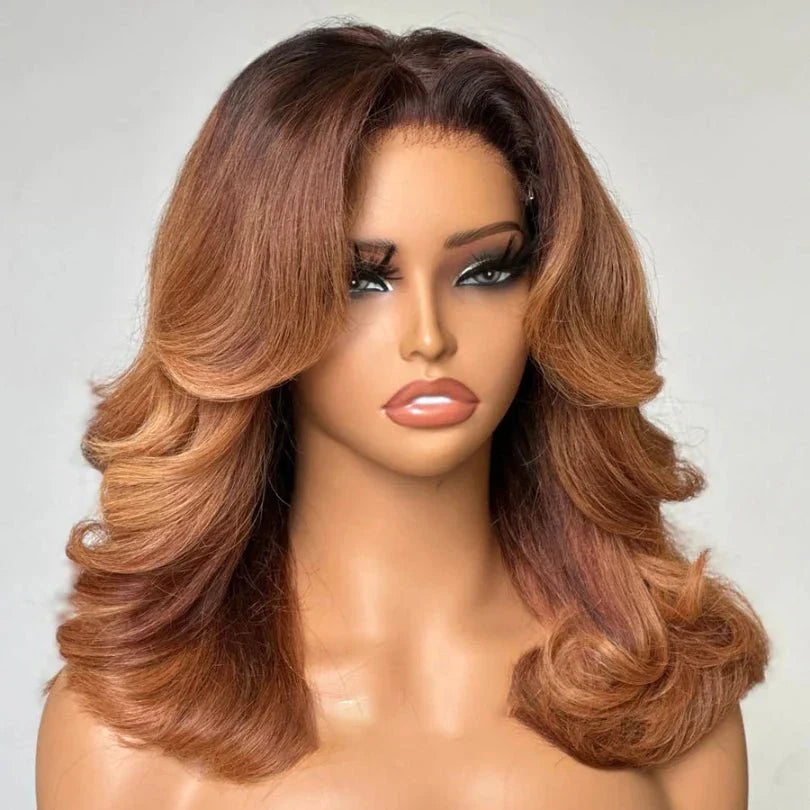 Ombre Brown Layered Cut Wigs Mid-part Lace Front Wig
