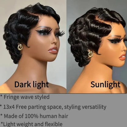 Retro Style Pixie Cut Finger Wave Wigs in Jet Black