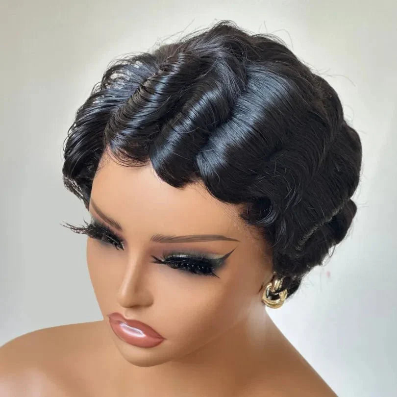 Retro Style Pixie Cut Finger Wave Wigs in Jet Black