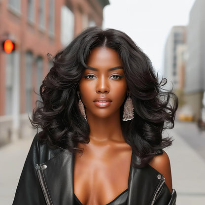 Shoulder Length Layered Wavy Wigs With Curtain Bangs