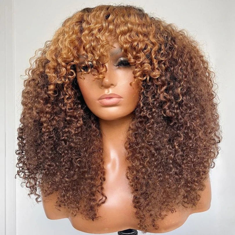 Unique Curly Brown Hair With Blonde Highlights Pre-Cut Wig