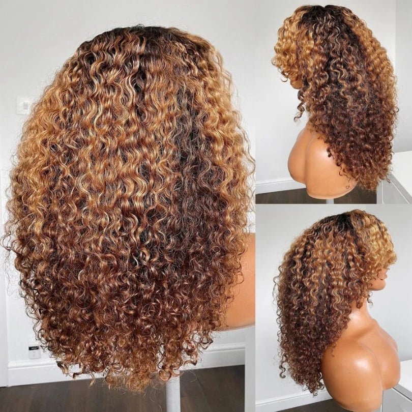 Unique Curly Brown Hair With Blonde Highlights Pre-Cut Wig